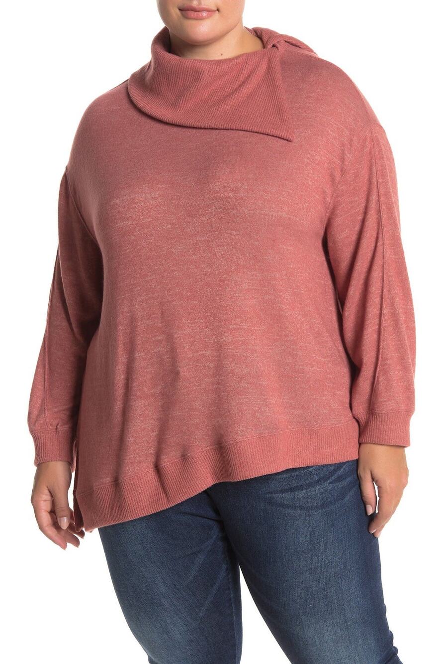 Democracy Asymmetrical Split Neck Knit Sweater Withered Rose 2X New